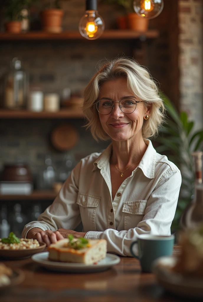 Draw me, a professor, sitting in a fancy restaurant, in my mid-50s, happy face, gray hair, afternoon sunshine, background clipping, clarity, portraits