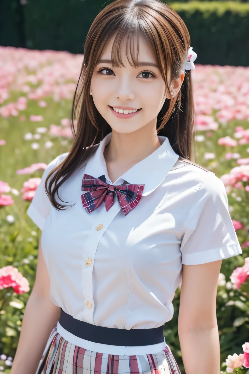 high resolution,RAW photo,realistic,very delicate and beautiful,very well detailed,私n detail, very well detailed CG unity 8k wallpaper,very well detailedな,(best quality,8k,32K,masterpiece,超high resolution:1.2), cute Japanese model photo ,gunK,high school uniform,(White Sailor Suit 1),tartan check skirt, bow tie,beautiful face,brown ponytail,16Year,: 150cm,young and cute gravure idol,Mountain with roses blooming in a field of flowers ,standing, let me eat 、 nice smile,teeth,