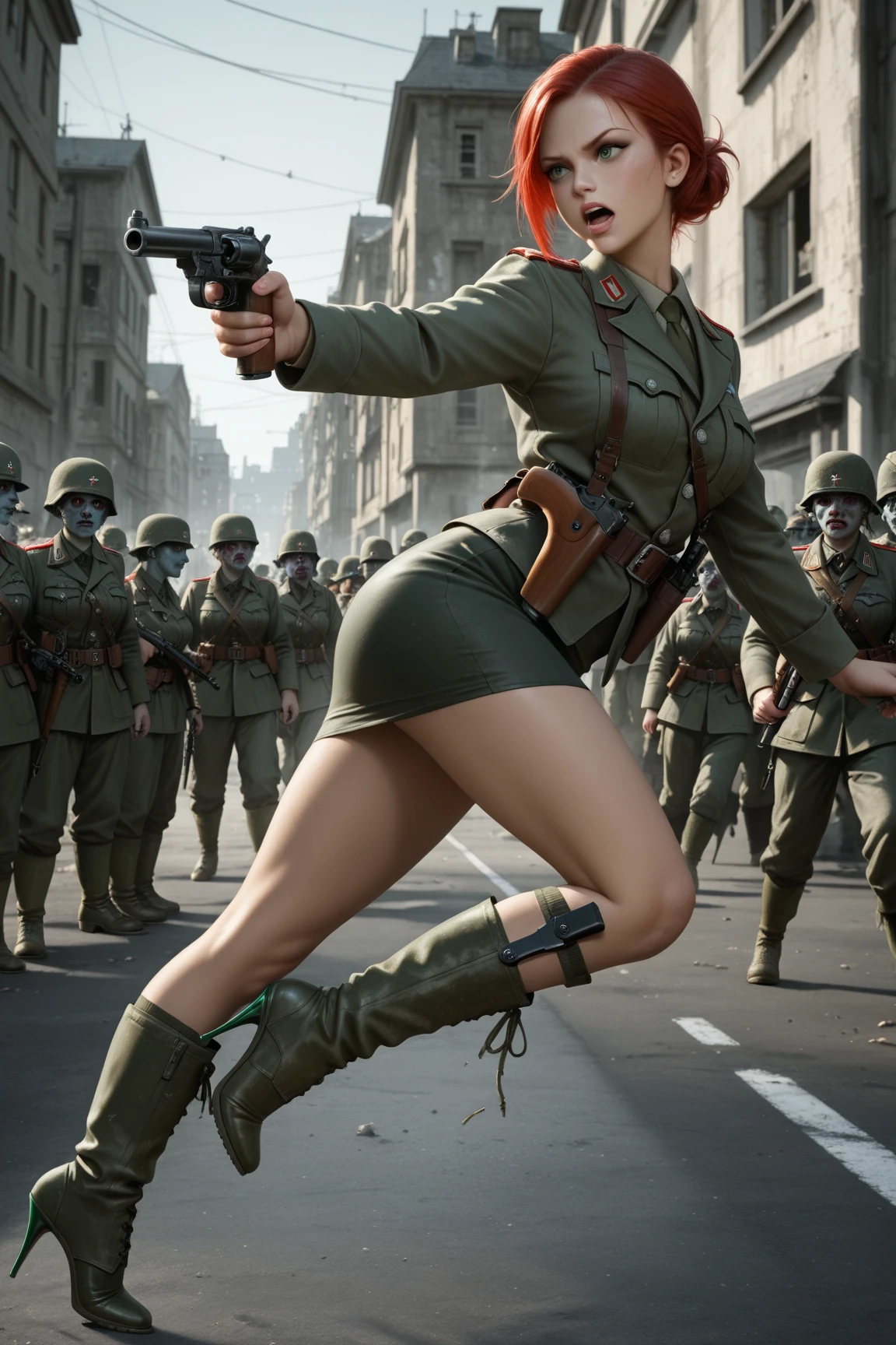 Short-haired woman holding a stick, jump Armored tanks, WWII Black General's Uniform, WWII Black Hat General, Ram Armor Division, Epic Punch, Armored tanks, and soldiers in the background,Red blood element,High quality shading, Balanced rendering, HD lighting and dark )<=(Epic image quality)Dark atmosphere with bright particle lights(There are many effects in the background)