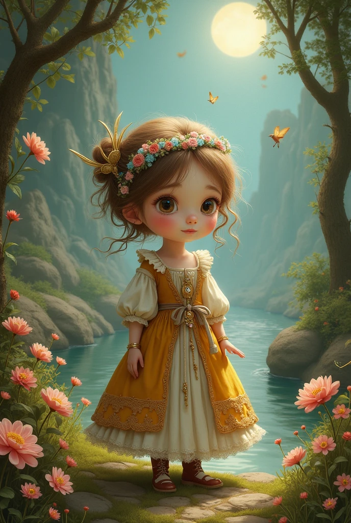 A young girl sitting on a giant flower, a small magical creature beside her with large shimmering eyes watching her closely, detailed portrait, highly detailed, intricate details, beautiful fantasy landscape, lush vibrant colors, ethereal lighting, dreamlike atmosphere, digital painting, concept art, cinematic composition, masterpiece, best quality, 4k, 8k, highres, ultra-detailed, realistic, photorealistic, photo-realistic, HDR, studio lighting, extreme detail description, vivid colors, professional