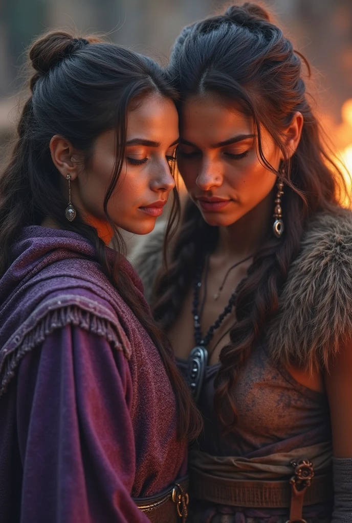 Portrait of Marie Avgeroupolus as Pocahontas, young beautiful native american woman, and a other native woman kissing, Indigenous feather jewelry, traditional handmade dress, armed female hunter warrior, (((wild west))) environment, Utah landscape, Ultra photo realsisim, concept-art, elegant, ((Intricate)), ((Highly detailed)), Depth of field, ((professional color graded)), gentle ambient lighting, Dusk, 8K, art by artgerm and greg rutkowski and alphonse mucha.