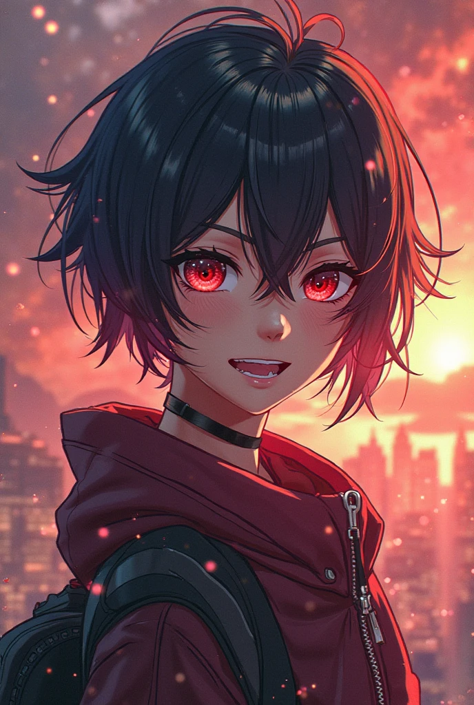 boku no hero style, , medium long black hair with dark red highlights and hot pink eyes