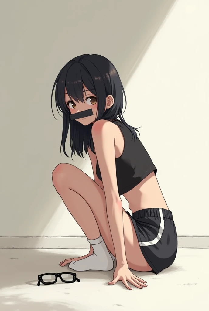 girl with long black hair, black eyes, emotionless face, straight body, wearing a black tank top, white shorts with black stripes and long black socks and very white skin