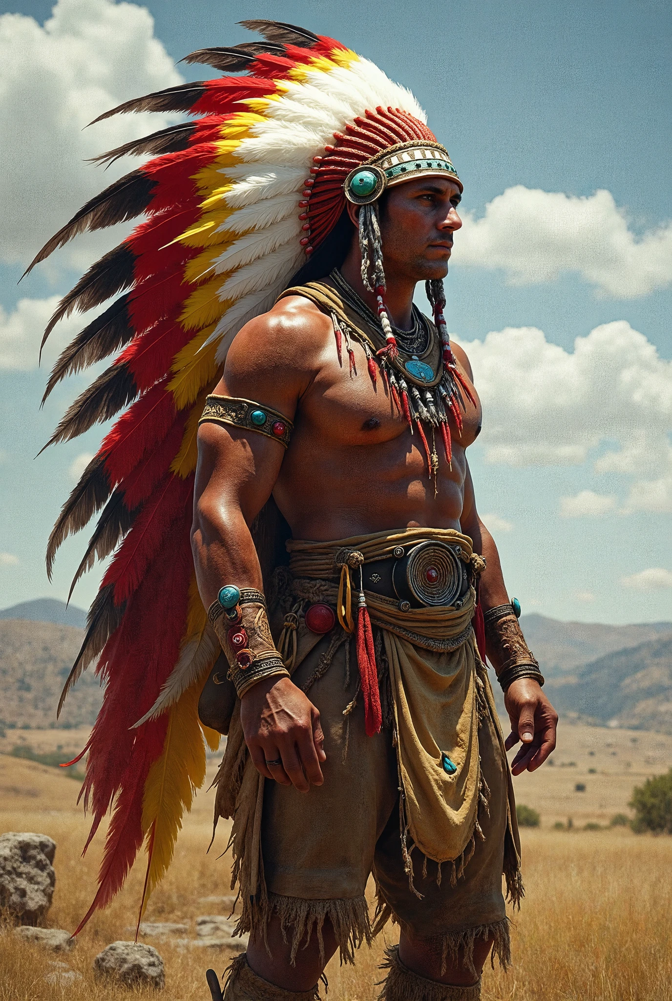 In the Grand Canyon、Hair flow、 ((highest quality、masterpiece、8k、Best image quality、Ultra-high resolution、Award-winning works)、(Accurate anatomy:1.1)、(Look at me and smile:1.1)、Shining fair skin with Ultra-high resolution、The most detailed face、Ultra-high resolution detailed face、Ultra-high resolutionの髪の毛、(Ultra-high resolutionの煌めく瞳:1.1)、Beautiful face drawn in every detail、(Blurred Background:1.1)、Native American costume, American Indian clothing, Chest to chest, tattoo、A real giant condor next to you。