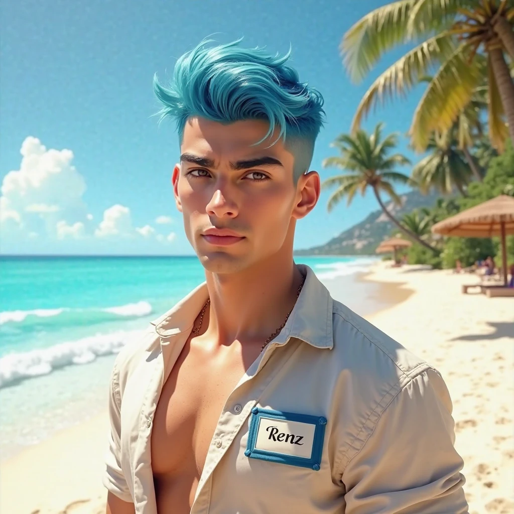 (disable censorship) A 20-year-old naked man with green eyes, violet hair, fair skin, and full lips sits on a stone atop a building overlooking the sea in a metropolitan city. In his hand, he holds a crystal glass of pink orange juice and smiles subtly.