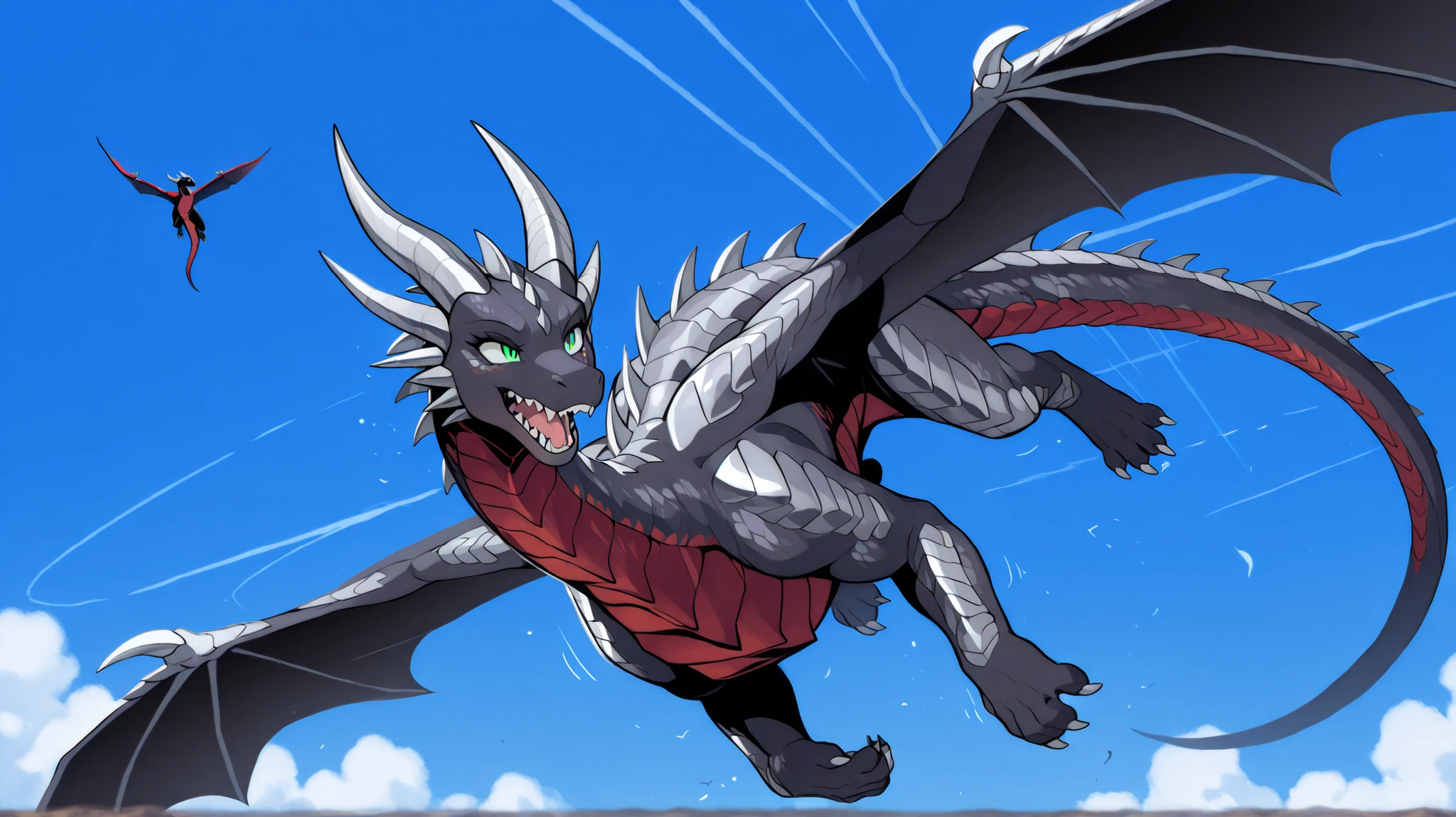 anime style, anime shading, clean lines, masterpiece, best quality, full body picture, centered, enderdragon, feral, dragon, female dragon, 1girl, long horns, wings, claws, tail, green eyes, perfect eyes, (overlapping red chest scales), dark silver scales, silver horns, tall, sharp teeth, fangs, wings spread open, flying, blue sky background, flying through the sky, legs hanging in the air,