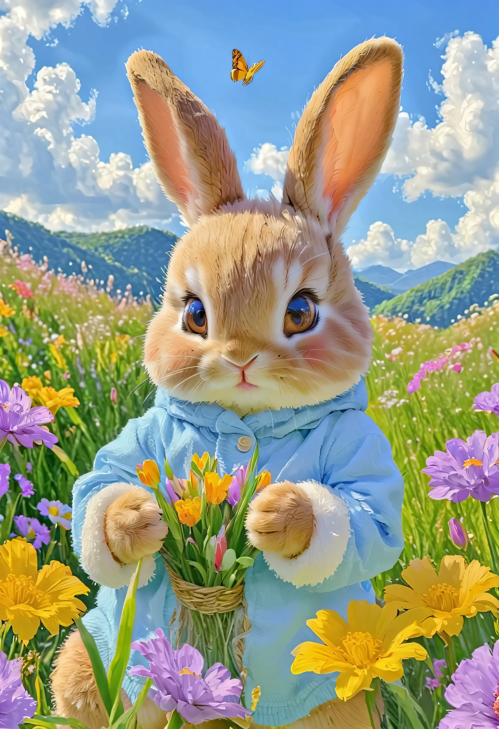 bright wild flowers in a field、butterfly々と遊ぶBaby Rabbit, blue sky and fluffy clouds. That scene is peaceful, natural atmosphere with warm sunlight pouring in {x} cast soft shadows on a lush green prairie full of colorful flowers、Brown fur、Fluffy Fur、2匹のBaby Rabbit、白いbutterfly々、ジャンプするBaby Rabbit、digital painting、pencil style、Baby Rabbit