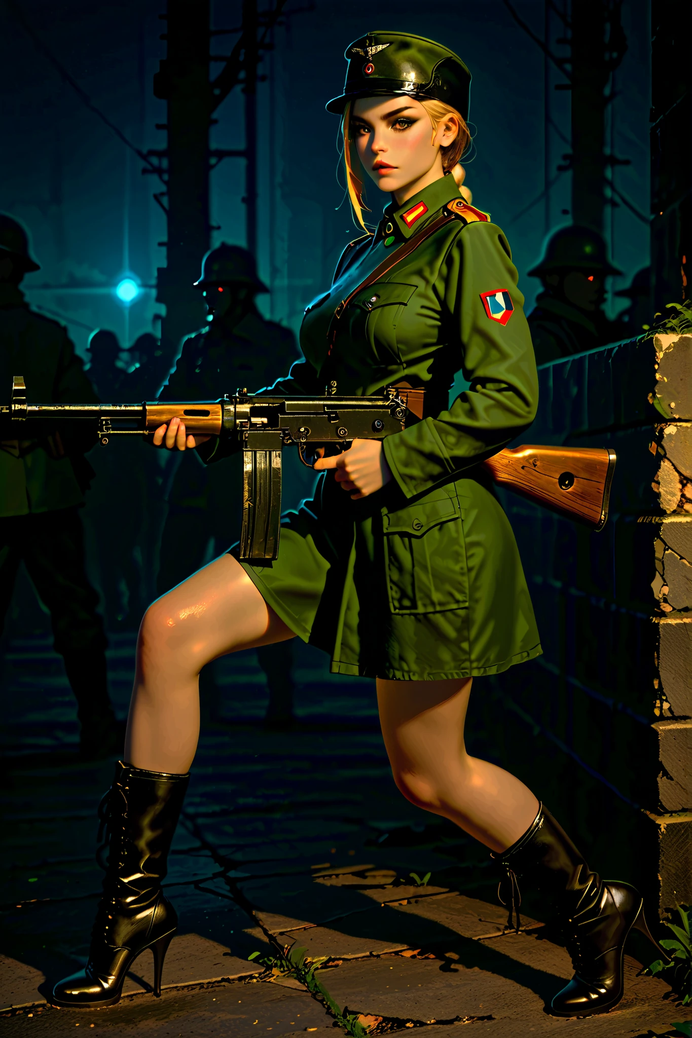 World War Z, zombies attacking, beautiful female soldier, 25, (High Heels Stiletto Army Boots), Thompson machine gun, photo realistic