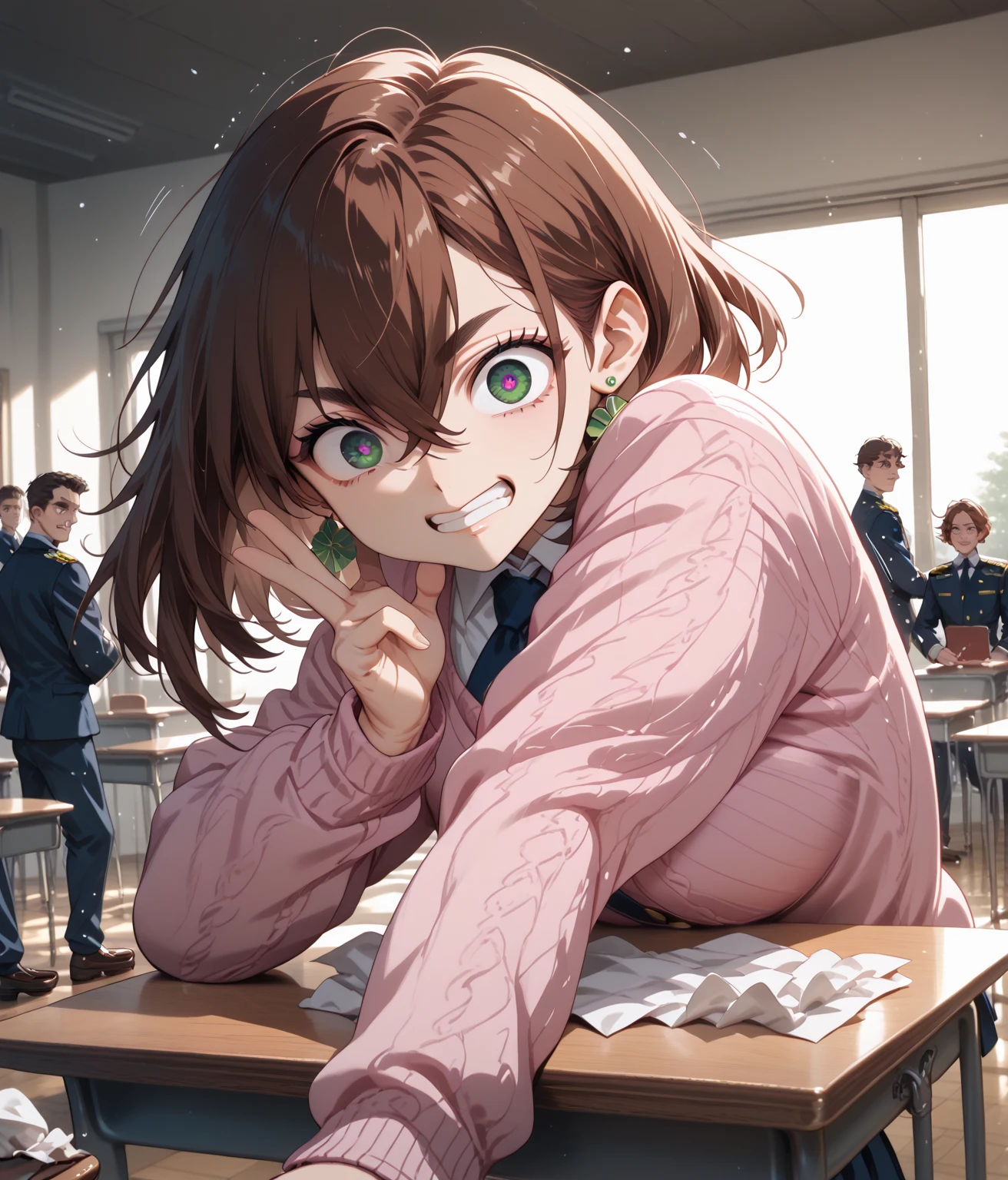 from Ayase Momodan, anime style, blanking, medium bob hair, brown hair, with crossed bangs, hair between eyes, round eyes, Dark pupils, Eyebrow, thick lashes,  darken student , big eyes, big green oval earrings, pink cardigan, navy skirt, white loose socks, brown loafers, Face Down pose, Face Down, big eyes, eyes, Crazy Eyes, clenching teeth, thick lashes, white panties,  bouncing line , bouncing body motion line, bouncing sex movement, body, used tissues everywhere, Pictures everywhere, body on desk, in the school classroom, multiple people々