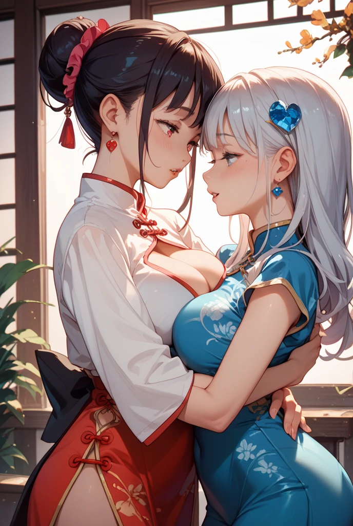 ((One personの女性)), Beautiful Face, Laughing embarrassedly, (laugh:1.2),((incoming kiss,closed eyes:1.9)), (head tilt:1.3), Laugh with your mouth wide open,((breath:2.2)), upper teeth, ((steam:1.9)), looking down at viewer, ((breast grab:2.0)), ((full-face blush:1.6)),Glossy Red Lips,rooftop, firework, Glossy red lips, Shining Face, ((Anime style background)),masterpiece, Highest quality, so beautiful,up to date, Complex details, (Pink long nails),(ring),(bracelet),(Floral choker),AI-generated, Complex,High resolution, Highest quality, super high quality,3D Images、3D Images, One person, Long white hair, High Ponytail, Anime woman posing for a photo, (blue eyes), ((Fine grain、Silvery white, lightly pigmented eyes、Shining Eyes:1.4)), (Squint your eyes:1.1),a hyperRealistic , hyperRealistic , Realistic,Anime woman with long white hair, Smooth anime CG art, A woman in a colorful kimono with gold embroidery, ((Black long sleeve kimono:1.4)),Red floral pattern,Long flower hair ornament,Earrings,Mature Body,(Big Breasts:1.1),Exposed nipples,Tall,Abdominal muscles,Tight waist, (front view),