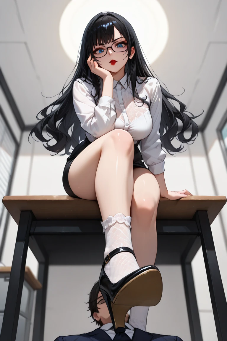 (masterpiece, top quality), 1 girl, (photorealistic: 1.4), solo, white background, black hair, long hair, socks soles, skirts, ((full body)),