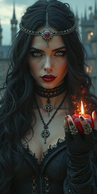 Girl,Black red hair,purple Queen,accessories,cross pendant, pentagram earrings, OM tattoo, beads in hand,hijab witch Queen,Red lipstick