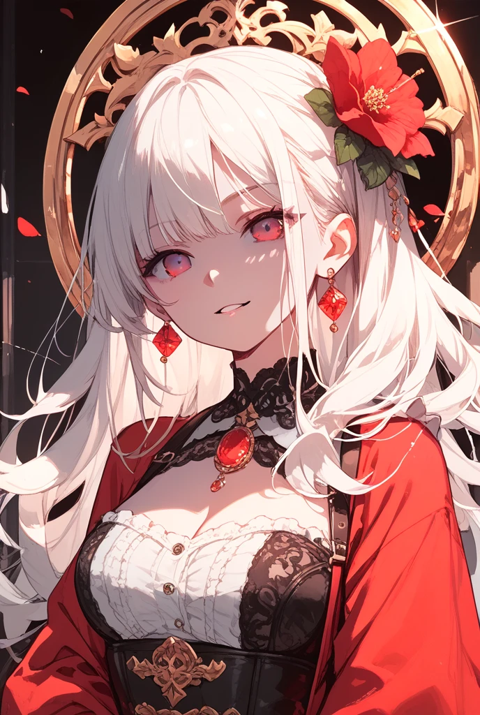 A girl with short white hair to her shoulders, bangs, white fox ears with pink borders, red eyes, wearing a red wedding dress