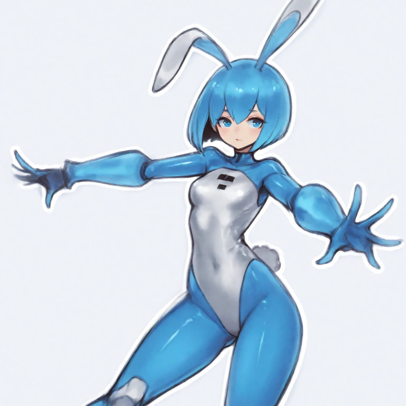 Masterpiece, highest Quality, Highest Resolution, perfect modern anime style, 1girl, solo, breasts, smile, short hair, large breasts, bow, animal ears, green eyes, blue hair, bowtie, rabbit ears, colored skin, topless, furry, blue skin, furry female, standing, red panties, standing split,
