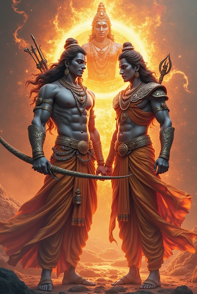 Subject: Lord Krishna and Lord Ram, half-body portraits.
Poses: Lord Ram holding his Dhanush (bow) and Lord Krishna holding his Sudarshan Chakra.
Style: Golden, smooth graphics. You could provide examples of artwork with a similar aesthetic.
Image size and resolution: Specify your desired dimensions and resolution for the final image.