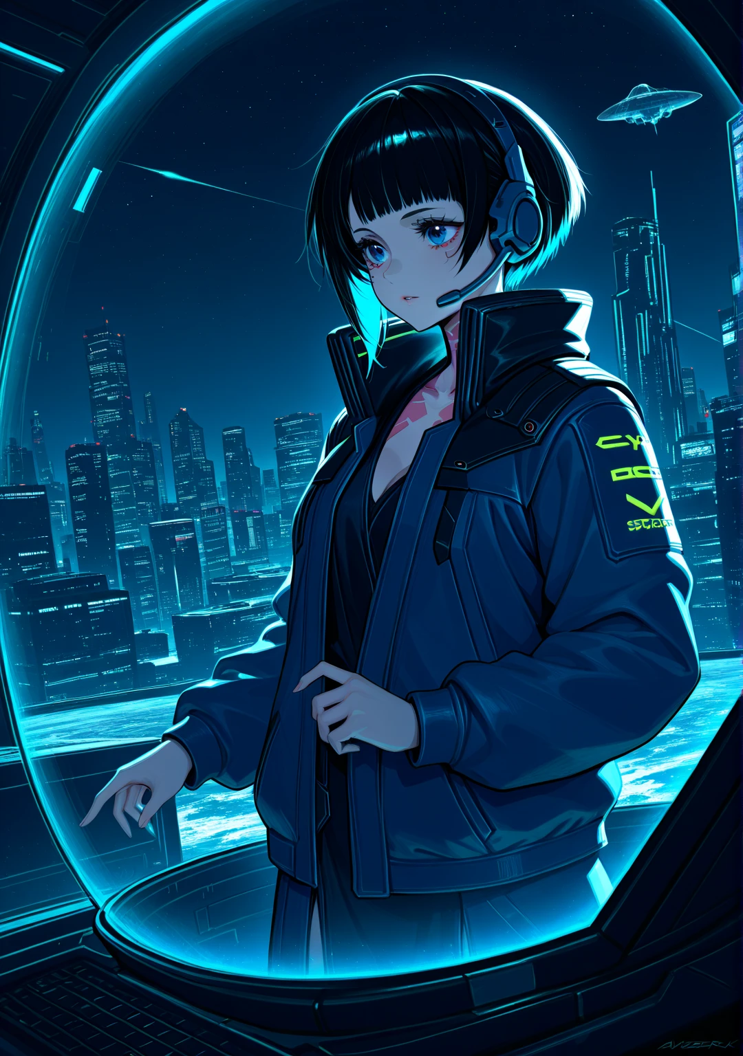 (masterpiece, Best quality:1.2), super detailed, high definition, extremely detailed computer graphics, unity 8k, perfect , very detailed, beautiful eyes, exactly five fingers, anatomically accurate, 1girl,One, (Beautiful anime girl), (short futuristic jacket), (mechanical headset:), (short dark hair, (} cyberpunk futuristic space colony:1.3), (transparent dome, covering the city:1.2), (massive spaceport with spaceships moored:1.3), terraforming object, visible in the distance:1.1), (science fiction atmosphere, neon lighting, advanced technologies, detailed background),handfixer