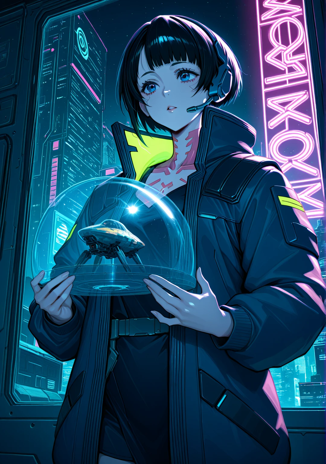 (masterpiece, Best quality:1.2), super detailed, high definition, extremely detailed computer graphics, unity 8k, perfect anatomy, very detailed, beautiful eyes, exactly five fingers, anatomically accurate, 1girl,One, (Beautiful anime girl), (short futuristic jacket), (mechanical headset:), (short dark hair, (} cyberpunk futuristic space colony:1.3), (transparent dome, covering the city:1.2), (massive spaceport with spaceships moored:1.3), terraforming object, visible in the distance:1.1), (science fiction atmosphere, neon lighting, advanced technologies, detailed background),handfixer