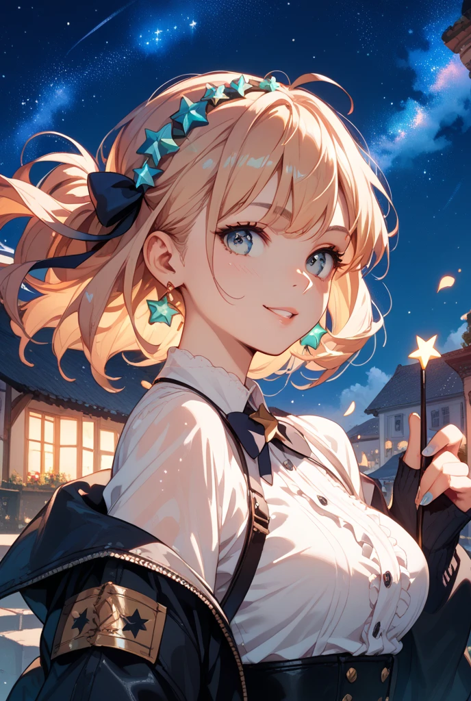 1girl, full body, sitting, legs spread, bright, blonde, light blue eyes, heart motif, star, moon, short hair, uniform bangs, multicolored hair, princess, saleme, side lights, light particles, wallpaper, big, plump, plain clothes, clothes, coat, cute outfit, pink, wonderful costume, loose fluffy, smile, gentle, clear, loli,