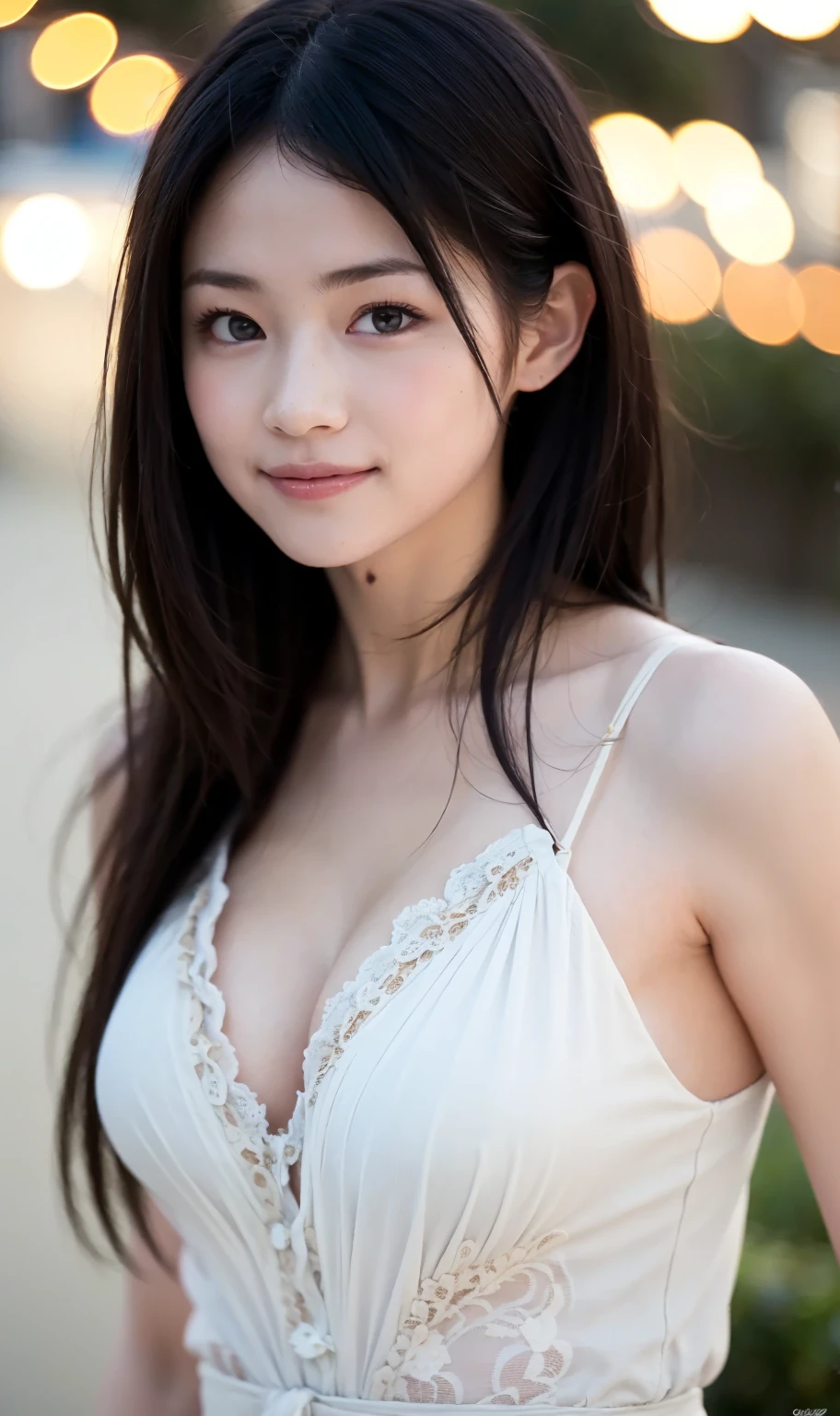 masterpiece, highest quality, 16K, 1 girl, 20th generation, absent-minded expression, close, close up of face, alone, cute, girly, delicate girl, pure beauty, Raw photo, professional photography, portrait, soft light, professional lighting, Backlight, look forward to your eyes, Sophisticated, film grain, (Eye and face details:1.0), medium length floating hair, beautiful flowing hair, bangs,(big breasts:1.7)、white cotton tight blouse、sleeveless、side