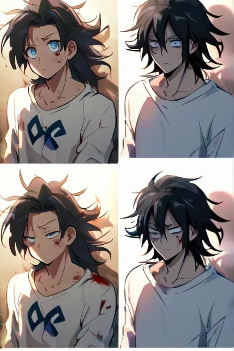Ecchi anime style, 1 chico, man, black hair, disheveled hair, blue eyes, Dull eyes, Dead eyes, baggy eyes, carefree look, pose sexy, defined body, white sweatshirt, blood stains, shadows,