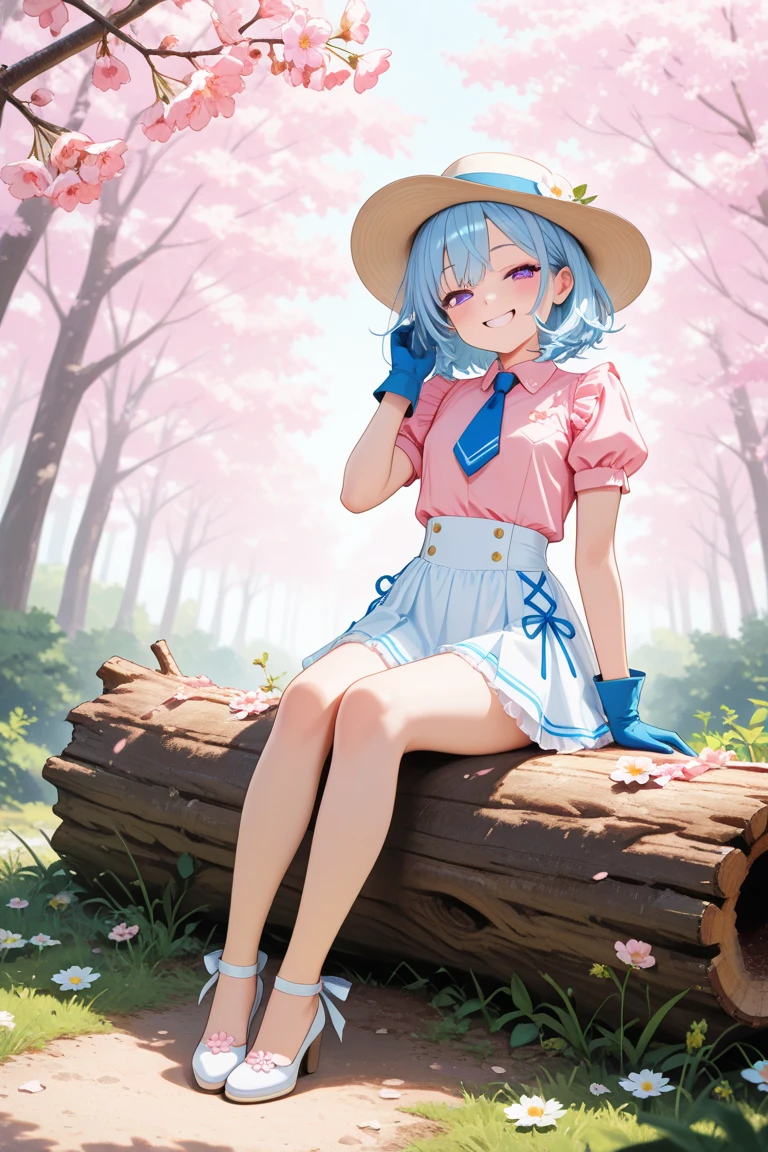 Masterpiece: 1.2, Best Quality), high resolution, depicts a girl with a cute face and short shoulder-length hair that fades from blue to white in the Lolita style. She wears a puffy skirt with exposed thighs between the skirt and over-the-knee socks, as well as suspender stockings. In the image, she sits like a super idol on top of some grass surrounded by flowers