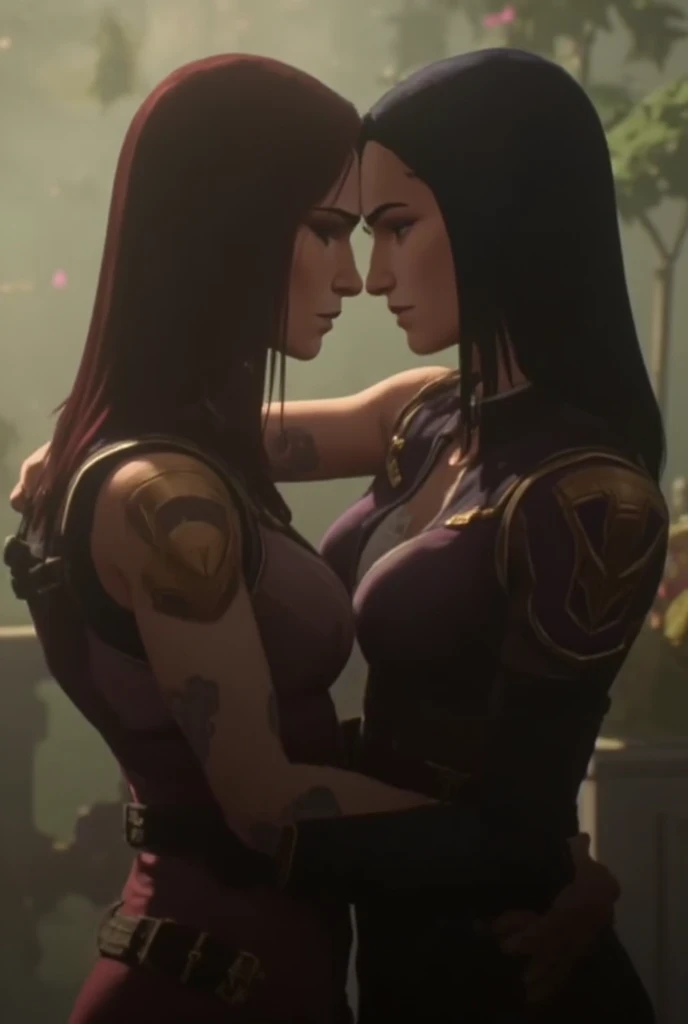 Vi de l'univers de league of legend embrassant caitlyn du même univers. Leurs corps sont collées ,elles ferment les yeux la scene est romantique, entre et la lumière est douce