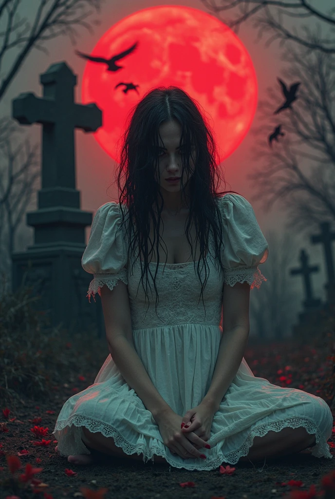 ((best quality)), ((masterpiece)), (detailed), goth, graveyard, girl, cute, bright red hair, dark ,haunted theme, blood moon,