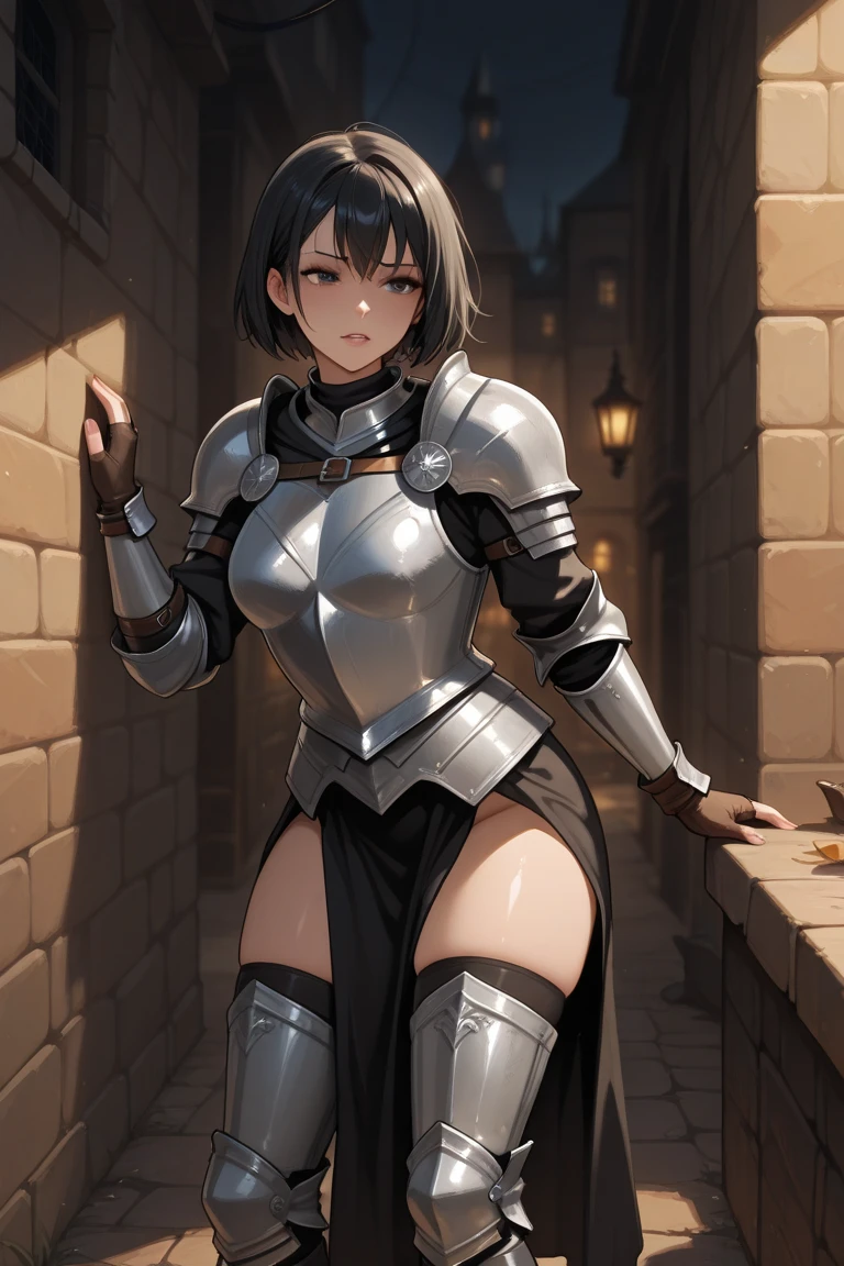 ((Masterpiece)), Best quality, Solo, Sitting, sword, 1girll, short+Hair, brown_Hair, Armor, official outfit, trousers, Ear_ring, official outfit, chest_plate, standing_On_Streets, cavalier_a shield, fightingpose, knee_pads, Best_Light_and_black shadows,
