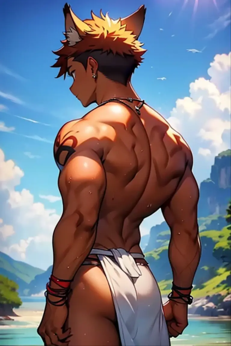 red skin, bright red skin, the boy blushed shyly , rosy skin, shiny skin(muscular thigh muscles )(Naruto anime style, art) (photo angle from bottom up) (photo angle from the ground upwards) [Anime photo][highest quality photo][4k,HD photo quality ] wear tight and short loincloths ,the loincloth bulges due to the erect male genitals (muscular thigh muscles, firm thigh muscles, muscular thigh muscles, sinewy thigh muscles, giant thigh muscles, strong leg muscles, muscular hamstring leg muscles)(thigh muscles bulging as if about to explode, muscular, calloused, sinewy, giant) , Rudeus Greyrat,fun, happy,bodybuilder,bodybuilding, standing, lots of sweat flowing down, topless, shirtless, hot sunny, 8 pack abs , short hair , green eyes