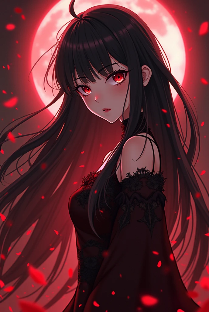 A 1 girl, with black hair up to neck, red slightly glowing eyes, A long, flowy, boho-inspired dress in a mix of red and black colors, accessorized with a belt cinching the waist. And in anime style