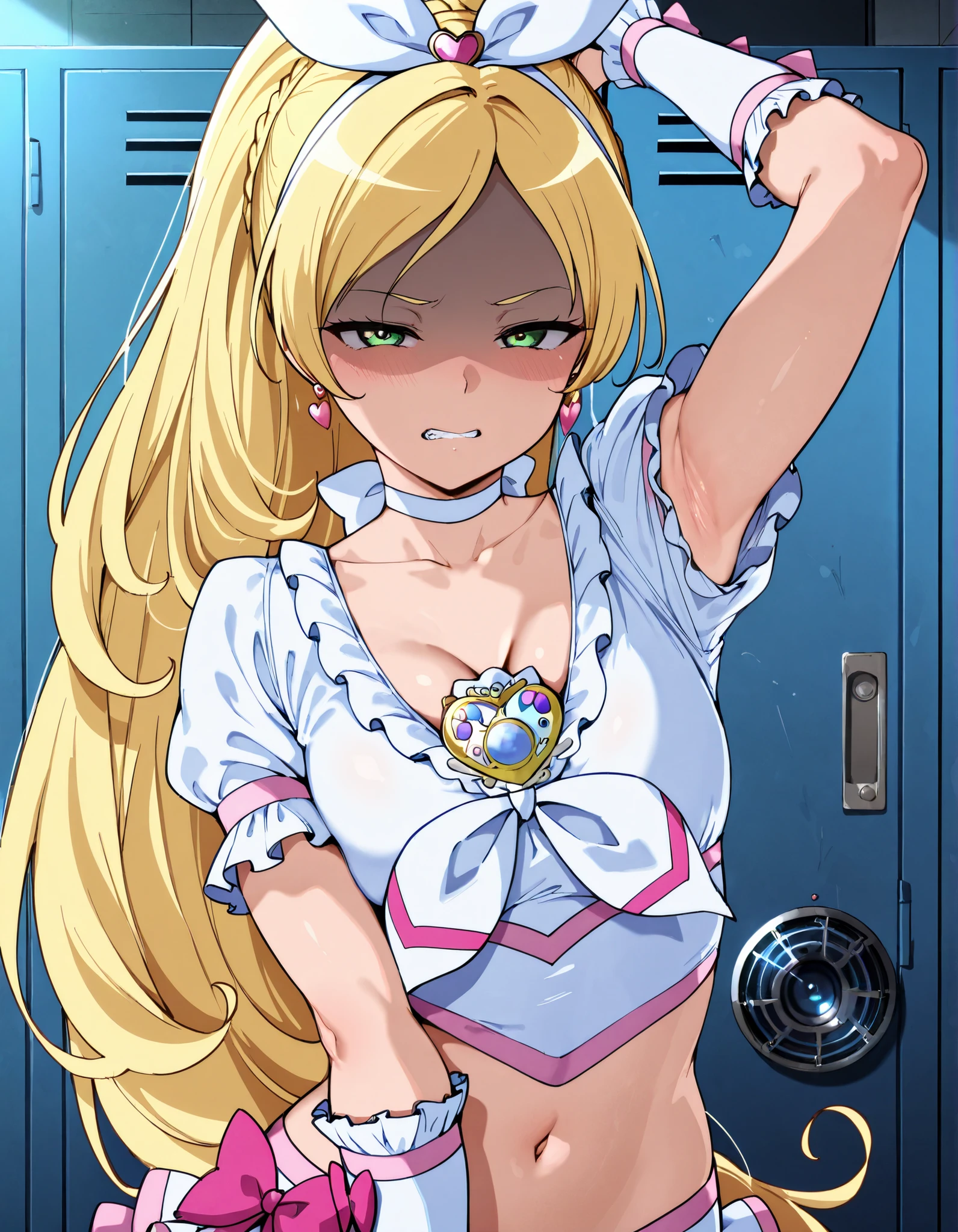 anime coloring, cure rhythm,green eyes, wide ponytail, sleevelesss, brooch, heart earrings, ribbon, arm warmers, cleavage, navel,
,BREAK, armpit, arm over head, left arm over head. focus on armpit,
grossed out, shaded face, ,blush, (narrowed eyes:1.2),\(troubled eyeblows:1.5\), disdaining , (dissapointed:1.1),(clenched teeth), look down at viewer, masterpiece,absurderes, beautiful detailed face,
BREAK, masterpiece,absurderes, beautiful detailed face,(masutepiece:1.2), Best Quality, High resolution, Unity 8k wallpaper, (Illustration:0.8), (Beautiful detailed eyes:1.6), extra detailed face, Perfect Lighting, extremely details CG, (Perfect hands, Perfect Anatomy)
,BREAK,Alp,
,looking at viewer, glare at viewer,
from side,show armpit from short sleeves,(pull down short sleeve),
((masutepiece,hight resolution)), masutepiece, Best Quality, , absurderes, Perfect Skin, Detailed skin texture, ultra-detailliert, 8K, Intricate details, beautifull detailed face,hight resolution, 1girl ,from front,
indoors,locker room