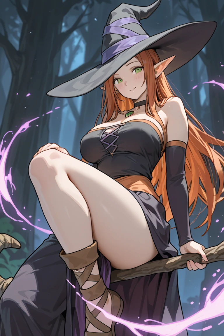nsfw, masterpiece, 1 girl, erect nipples, intricately detailed, topless, navel, black skirt, bare shoulders, necklace, night, witch hat, erect nipples, puffy nipples, extremely detailed, photorealistic, octane render, 8 k, unreal engine, bare breasts, nipples, bare stomach, sweaty, moist breath, small breasts smiling, collarbone, wet body, saliva, drooling, pink hair, ray of lights, encore, green eyes, holding wizard staff, embarrassed, forest, trees, grass field, long skirt, waist pouch, sarong, jeweled staff, elbow gloves, long hair, hoop earring