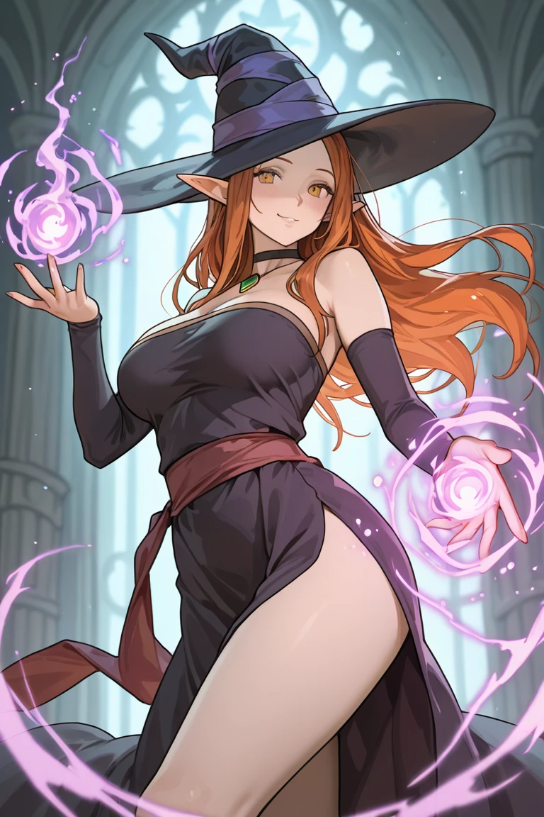 half body, elf witch, sucy_manbavaran, long hair, hair over one eye, pale skin, hat, witch, witch hat, fair skin, black hair, beautiful face, orgeous, glamorous,, dark skin, detailed face, beautiful face, green eyes, huge breasts, underboob, cleavage, witch garments, night sky starry black dress, starry sky print, glowwave, starlight, black hair, glittering stars, dress made of stardust, thigh strap, high skin exposure, shiny skin, anime style, thigh strap, absurdres, highres, solo, mischivious smile, (lipstick, red lips), green eyes, Kyoto Animation stylized anime mixed with tradition Chinese artworks~, magic efects, standing, from below,. Cinematic Lighting, ethereal light, intricate details, extremely detailed, incredible details, full colored, complex details, insanely detailed and intricate, hypermaximalist, extremely detailed with rich colors. masterpiece, best quality, aerial view, HDR, UHD, unreal engine. looking at the camera, (glittery jewelry) ((acrylic illustration, by artgerm, by kawacy, by John Singer Sargenti) dark Fantasy background, Representative, Rich in details High quality, g 8k, super detail, gorgeous light and shadow, detailed decoration, detailed lines glowwave, glitter and chrome,style of glitter and chrome,