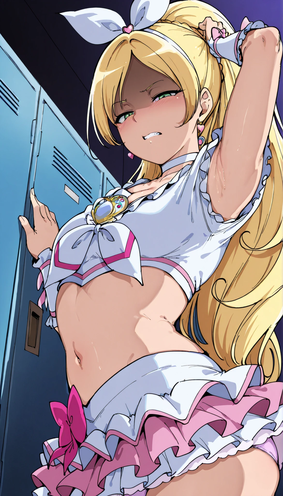 lift skirt,focus on panties,
,looking down at viewer, from below,
,BREAK,
anime coloring, cure rhythm,green eyes, wide ponytail, sleevelesss, brooch, heart earrings, ribbon, arm warmers, cleavage, navel,
Alp,
shaded face, ,blush, (narrowed eyes:1.4),\(troubled eyeblows:1.5\), disdaining , (dissapointed:1.1),(clenched teeth), look down at viewer, masterpiece,absurderes, beautiful detailed face,,looking at viewer, glare at viewer,
from side,show armpit from short sleeves,face closeup,
indoor, locker room