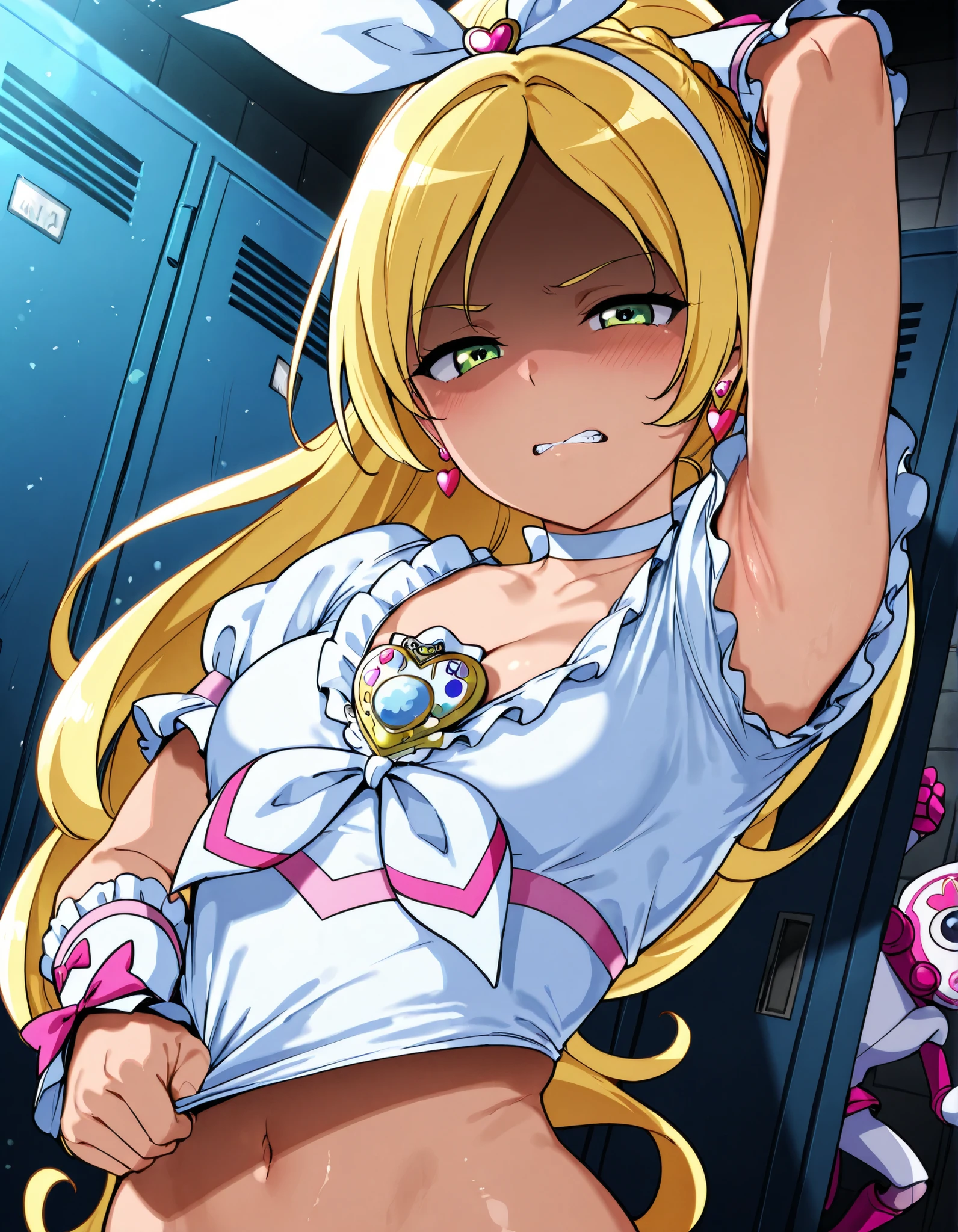 anime coloring, cure rhythm,green eyes, wide ponytail, sleevelesss, brooch, heart earrings, ribbon, arm warmers, cleavage, navel,
,BREAK, armpit, arm over head, left arm over head. focus on armpit,
grossed out, shaded face, ,blush, (narrowed eyes:1.2),\(troubled eyeblows:1.5\), disdaining , (dissapointed:1.1),(clenched teeth), look down at viewer, masterpiece,absurderes, beautiful detailed face,
BREAK, masterpiece,absurderes, beautiful detailed face,(masutepiece:1.2), Best Quality, High resolution, Unity 8k wallpaper, (Illustration:0.8), (Beautiful detailed eyes:1.6), extra detailed face, Perfect Lighting, extremely details CG, (Perfect hands, Perfect Anatomy)
,BREAK,Alp,
,looking at viewer, glare at viewer,
from side,show armpit from short sleeves,(((right hand sleeve tug))),(((sleeve tug))),.
((masutepiece,hight resolution)), masutepiece, Best Quality, , absurderes, Perfect Skin, Detailed skin texture, ultra-detailliert, 8K, Intricate details, beautifull detailed face,hight resolution, 1girl ,from front,
indoors,locker room