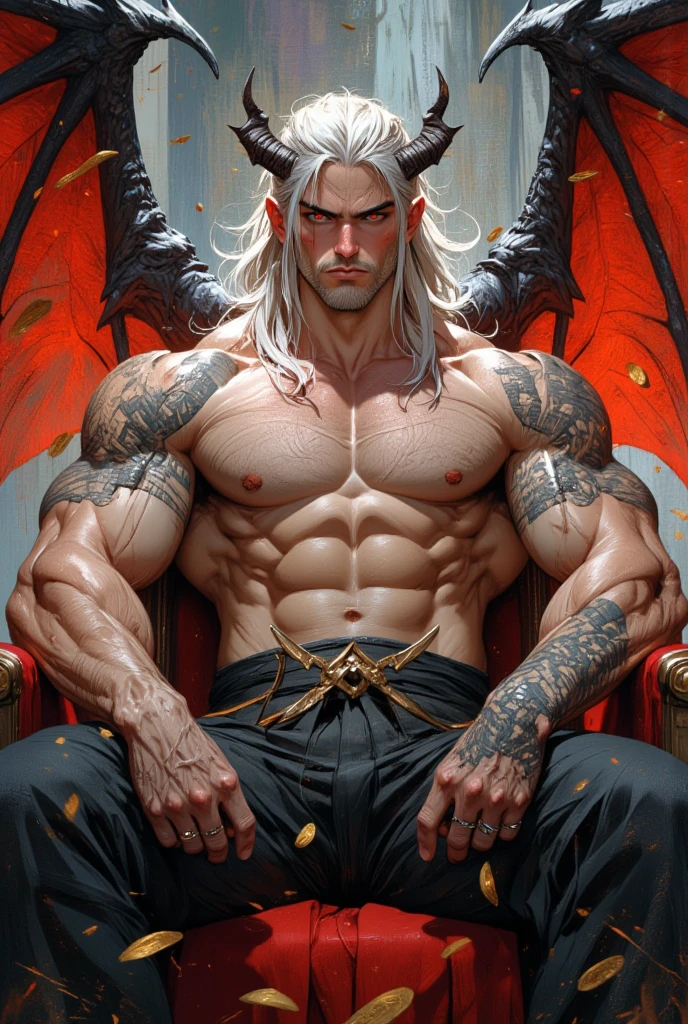 A red-skinned, red-eyed man with his tongue sticking out. He smiled grimly. It has two horns, one on each side of the head. He is without a blouse showing his muscles and in black pants. It has piercings on the ear and tongue. It is standing next to a tree in a shady forest. He has pointed, black claws with tattoos with symbols scattered all over his body. Her hair is short and blonde. --auto --s2
