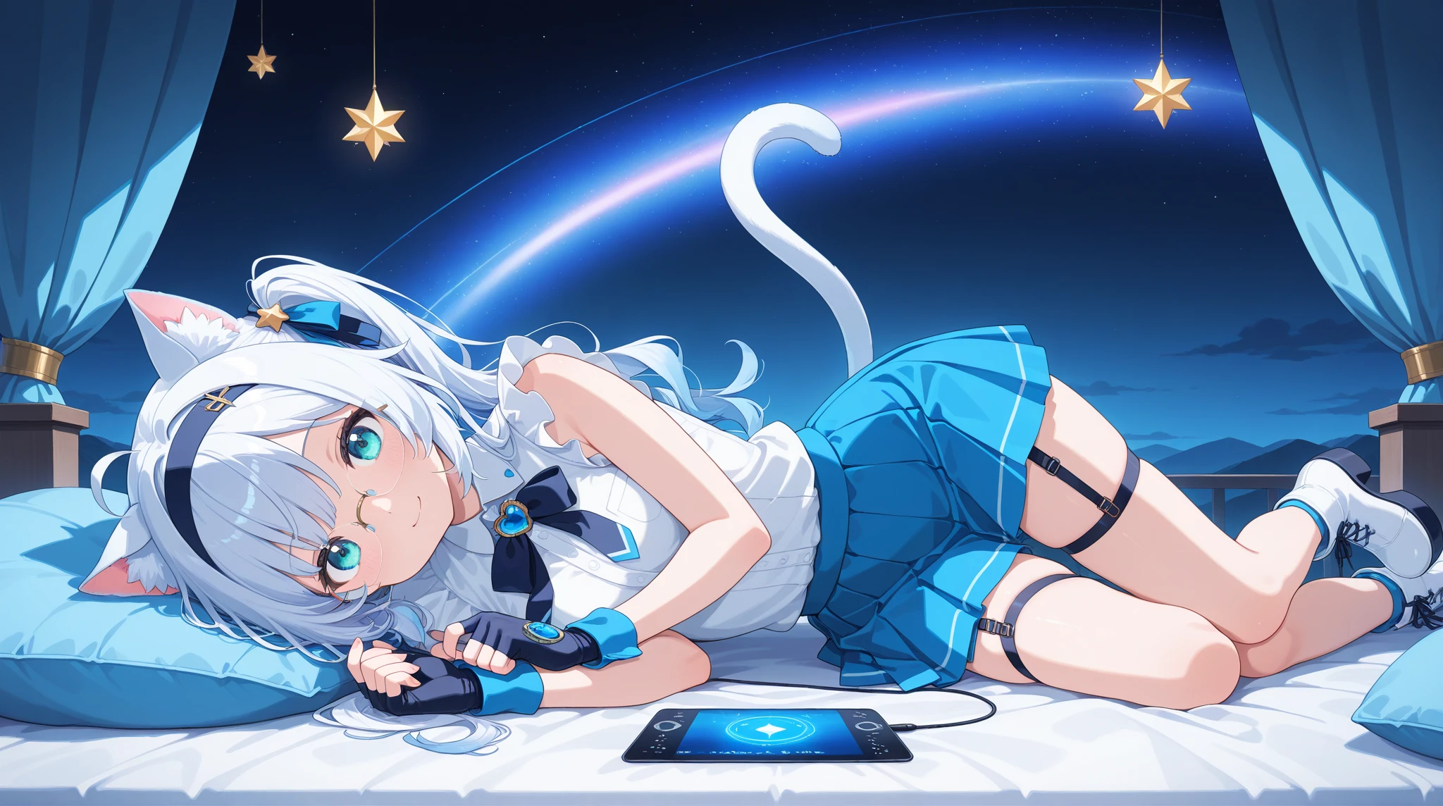 1 girl white hair with blue tone blue eyes with cat hoodie with mini skirt stockings in an RGB gamer room