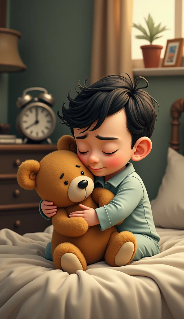 A boy squatting in the water holding a teddy bear and crying