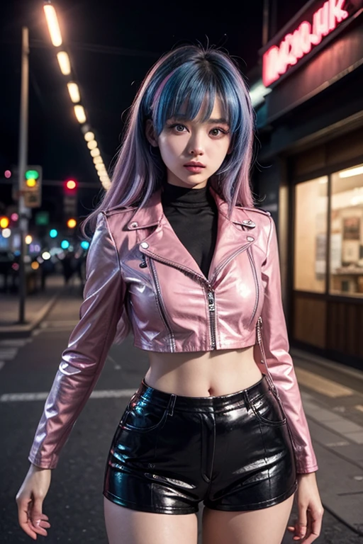 blue blue theme, simple background, (from side:1.2), 
(((kda all out akali))), akali, k/da \(league of legends\), high detailed, highres, cowboy shot,1girl,absurdres, solo, looking at viewer, navel,full body,
multicolored hair, two-tone hair, (high ponytail:1.3), blue eyes, blue hair, blonde hair, ([blue:blonde:0.5] hair:1.2),long hair, lips, eyeshadow, makeup, earrings, cleavage cutout, clothing cutout,leather jacket,(cropped jacket:1.2), open clothes, open jacket, two-tone jacket, shiny clothes, multicolored clothes, (nattier blue jacket:1.3), multicolored jacket, ( wrist cuffs),( Blue cuffs),( argyle cuffs),blue sports bra, (zipper), midriff, stomach, buckle, partially fingerless gloves, black gloves, gloves, jacket, jewelry, medium breasts, breasts, (black pants:1.2),tight pants,Leather pants,shiny pants,white belt, shoes, black footwear,shiny,crop top,nail polish, 
 <lora:kDAAllOutAkali_kdaAllOutAkaliLora:1.2>,<lora:koreanDollLikeness_v10:0.5>,<lora:pureerosface_v1:0.3>,
((photorealistic:1.4)),best quality ,masterpiece, an extremely delicate and beautiful, extremely detailed ,4k wallpaper, Amazing, finely detail, masterpiece,best quality,