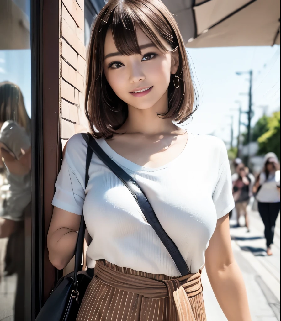 (best quality:1.2), RAW photos, high resolution, perfect detail, professional photo, professional lighting, sharp concentration ,  Highlighted look {X}  Highlighted look {X} a very cute girl,   Japanese girls, Her face and eyes are beautiful 、and、It is brilliantly drawn,      Detailed Double Eyelids     , Bored eyes, brown hair, with bangs, smile, (Big Breasts),  white t-shirt,     tight pants    , (crossbody shoulder bag:1.5), (The stripes on the bag cross the chest diagonally、Diagonal 、continues to the opposite waist Highlighted look.:1.5), (    full body shot:1.hiny Skin 、Almond Eye、(perfect anatomy、    charming)