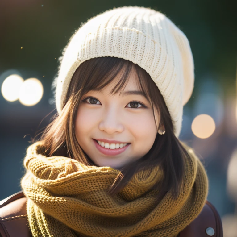 girl wearing a yellow hat and scarf and smiling, with yellow cloths, yellow clothes, sleepy, cute young girl, a huge beret, warm and gentle smile, warm smile, yellow cap, happy girl, cute girl, most beautiful, young, hat covering eyes, girl, bright sunny weather, young teenager, knitted hat, yellow