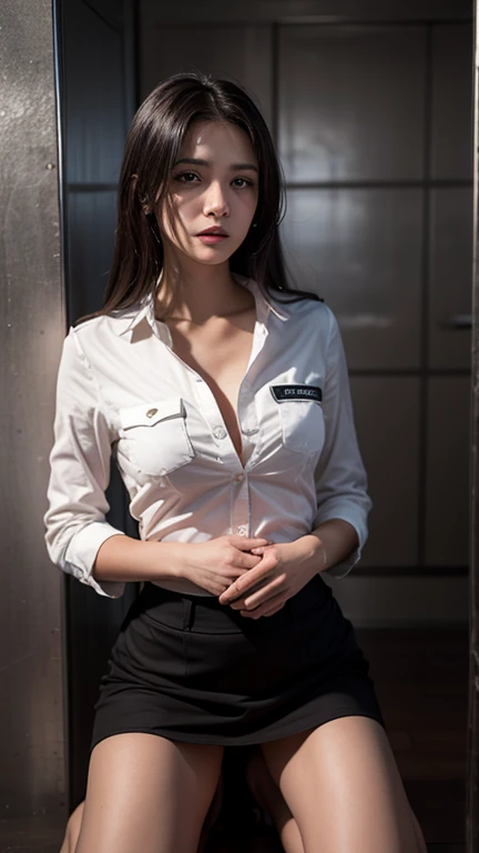a woman in a suit, belt, hands behind back, sweating, suspenders, black pants, sexly, large breasts, see-through clothing,, detective, office worker, white button-up shirt, (best quality,4K,8k,highres,masterpiece:1.2),ultra-detailed,(realistic,photorealistic,photo-realistic:1.37),hyper-detailed,highly detailed face and body, Slender　thin　suspenders　Moderate breasts　See-through shirt　Nipples　holster　chain　Pistol　Armament　criminal　Female criminal　knife　japanese　profile　Japanese women　arrested handcuff　Cable tie on thumb　Constraints

