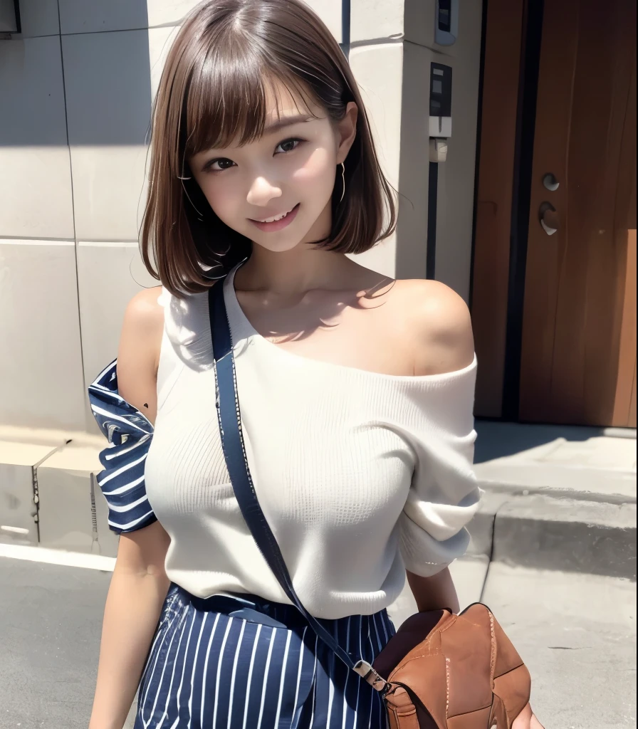 (best quality:1.2), RAW photos, high resolution, perfect detail, professional photo, professional lighting, sharp concentration , Highlighted look {X} Highlighted look {X} a very cute girl, Japanese girls, Her face and eyes are beautiful 、and、It is brilliantly drawn, Detailed Double Eyelids , Bored eyes, brown hair, with bangs, smile, (Big Breasts), white t-shirt, tight pants , (crossbody shoulder bag:1.5), (The stripes on the bag cross the chest diagonally、Diagonal 、continues to the opposite waist Highlighted look.:1.5), ( full body shot:1.hiny Skin 、Almond Eye、(perfect anatomy、 charming)