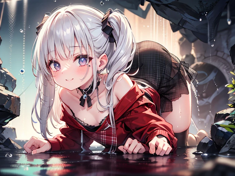 ((Highest quality)), ((masterpiece)), (detailed), 1girl, solo, long hair, silver hair, naughty face, long tongue, heterochromia, crying face, legs up, small breasts, clothed, NSFW, sweat, wet, twilight sky, blurry background, 