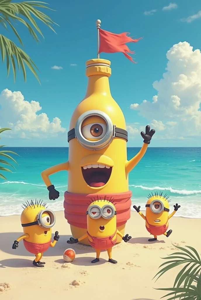 create a picture of Stuart minions, Kevin and Bob drunkenly drinking beer on a beach with three women in bikinis
