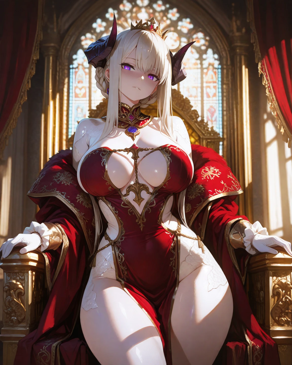 17yo girl, elf, golden hair, hime cut, long hair, J cup breast, thicc thigh, erotic body, string pasties on pussy and tits, golden bracelets, golden collar, golden necklaces, golden robe, throne room, clear view.