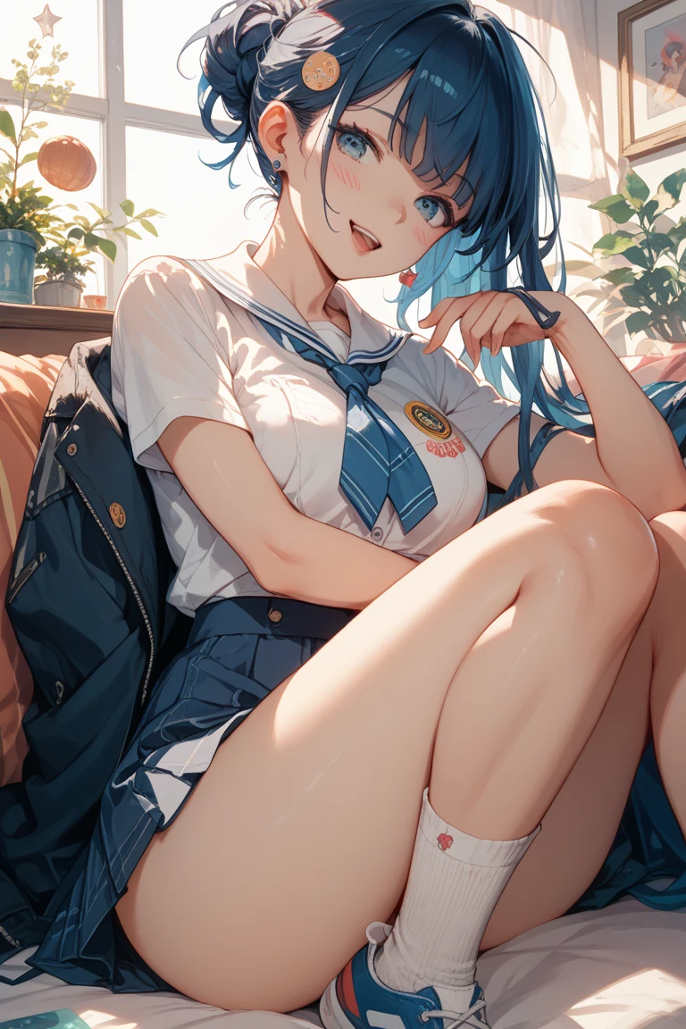 (highest quality, High resolution:1.2), (spread your legs:1.9),(raise your legs),(lie down on the lux sofa:1.7),(love hotel:1.7),(NSFW:1.3),((A girl trembling at sexual climax))、(Flipping up a skirt to show underwear:1.3)、(((school uniform)))、 fine and beautiful eyes, blue hair、short hair、Rezero Rem、Rem's thick and beautiful lips, highly detailed eyes and face, long eyelashes, Moderately:Oil, bright colors, HDR, studio lighting, Ultra-fine painting, sharp focus, Physically based rendering, extreme details, portrait, curved body, Moderately胸, perfect shape, face-to-face audience, sweaty, nice, half body photo, displayed in full frame, lace sexy underwear,baby doll,outdoors、in the crowd、wet clothes