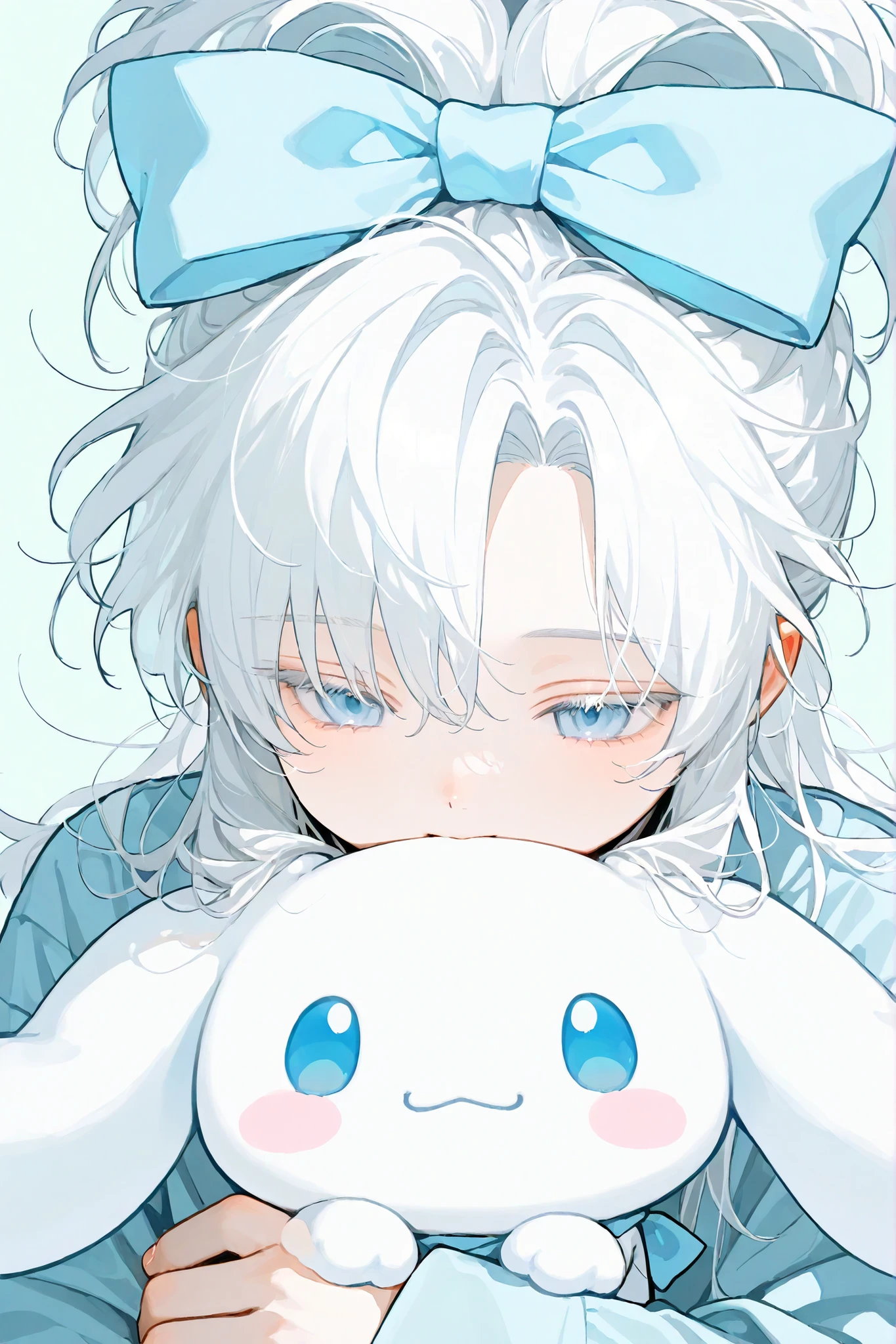 
1 boy, youth, shota, milky skin, hairbow, pale blue bow, white hair, messy hair, long hair, curtained bangs, pale blue eye,come undone white chipao, holding a fluffy, (cinnamoroll, tied ears), young,detailed close-up, ((minimal background)), very handsome, lovely