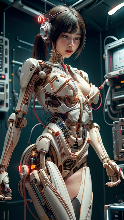 robotic part of the body only in the place of bra and panty, (((masterpiece))), (((best quality))), ((ultra-detailed)), (highly detailed CG illustration), ((an extremely delicate and beautiful)),(from side),cinematic light,((1mechanical girl)),solo,full body,(machine made joints:1.2),((machanical limbs)),(blood vessels connected to tubeechanical vertebra),((mechanical cervial attaching to neck)),expressionless,(wires and cables attaching to neck:1.2),(wires and cables on head:1.2)(character focus),science fiction,white background, extreme detailed,colorful,highest detailed, futuristic Humanoid Robot concept, 