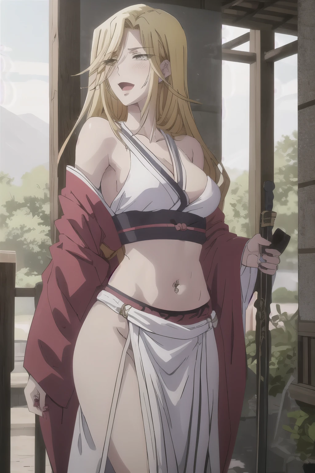 utawarerumonohonoka, Bhonoka, long hair, blonde hair, (brown eyes:1.5), wavy hair, BREAK long sleeves, hairband, (((large breast))),  japanese clothes, wide sleeves, kimono, headband, hakama, miko, horn, BREAK outdoors, BREAK looking at viewer, (cowboy shot:1.5), BREAK (masterpiece:1.2), best quality, high resolution, unity 8k wallpaper, (illustration:0.8), (beautiful detailed eyes:1.6), extremely detailed face, perfect lighting, extremely detailed CG, (perfect hands, perfect anatomy), big breast